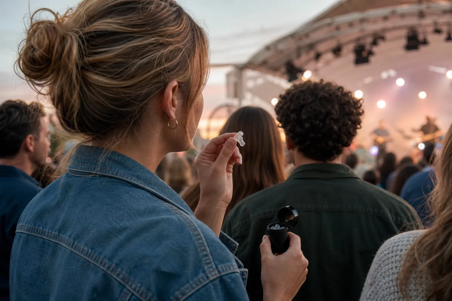 Bezoeker houdt transparante concertoordoppen vast voor een concertpodium