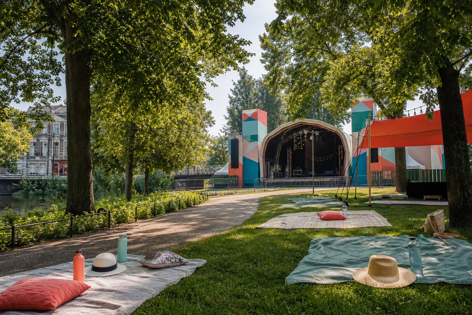 Festivalterrein in een groen stadspark met podium, picknickkleden en herbruikbare drinkflessen