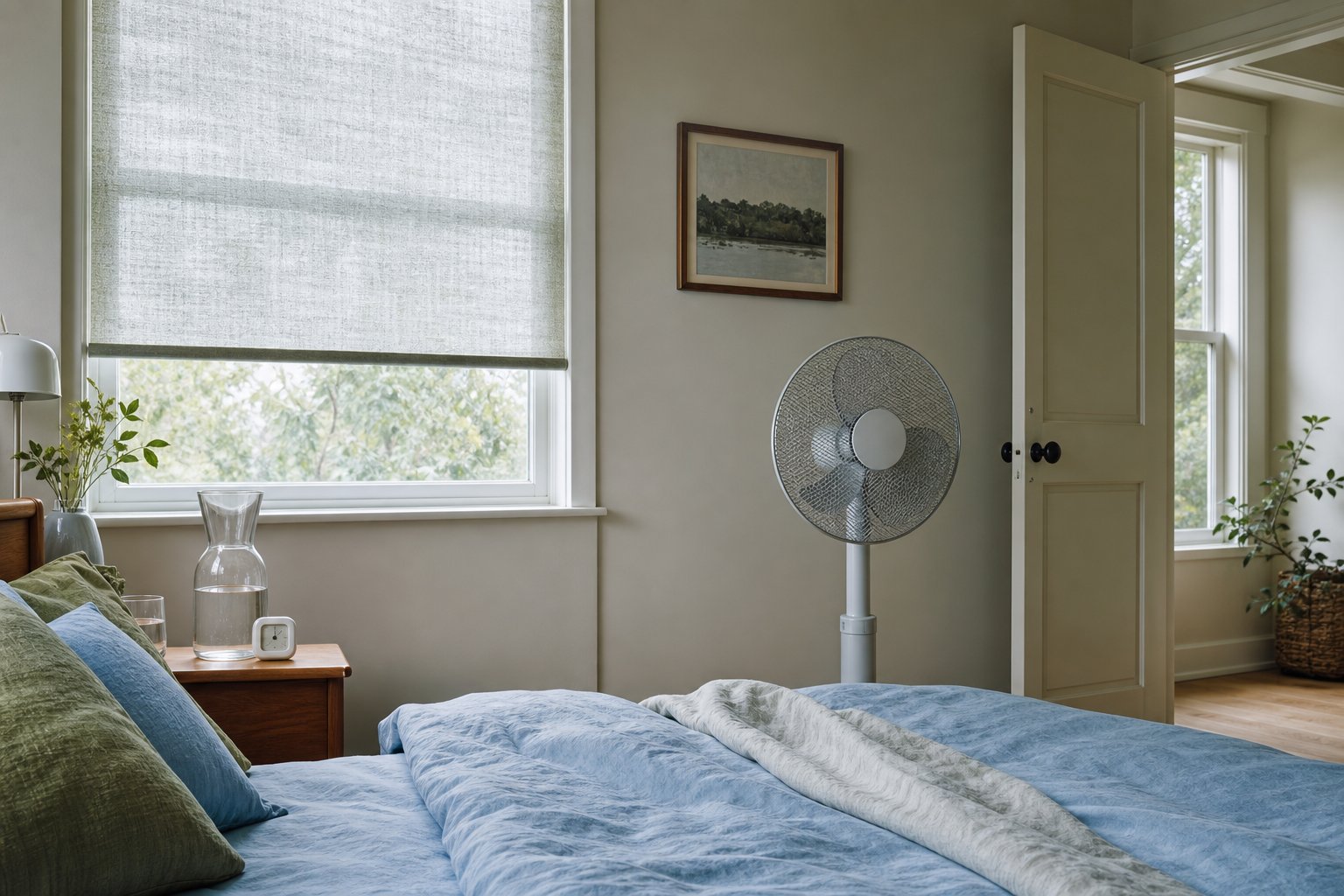 Lichte slaapkamer met blauwe en groene linnens, ventilator, karaf water en gefilterd daglicht