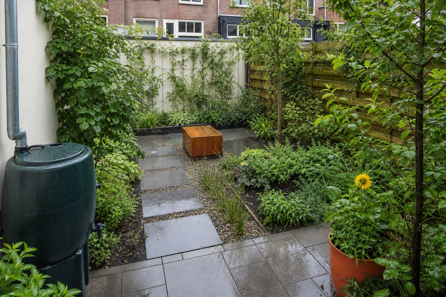 Compacte groene stadstuin na regen met regenton, grindstrook, stapstenen en gemengde beplanting