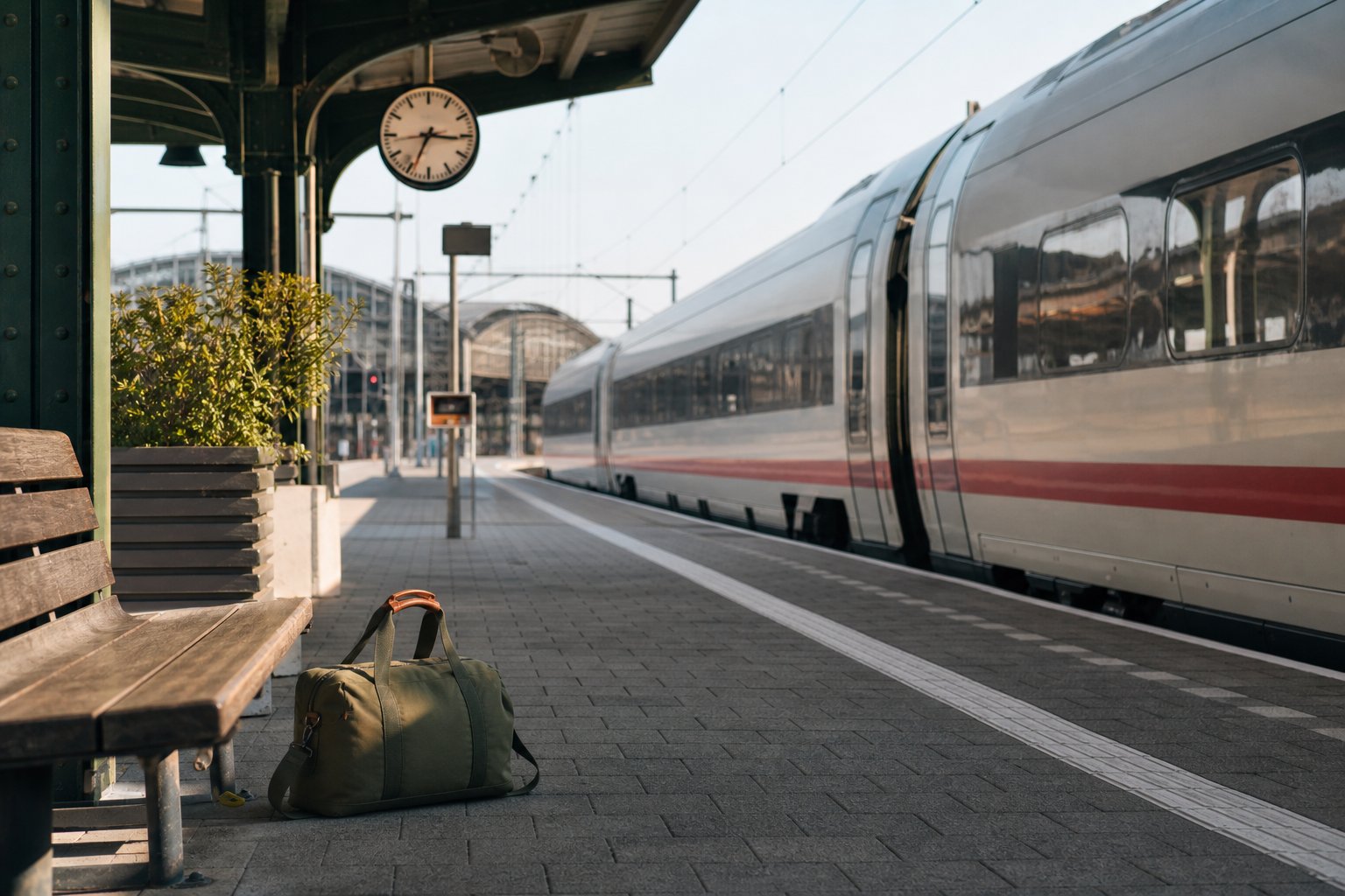 Intercity op een Europees station met een compacte groene weekendtas naast een houten bank