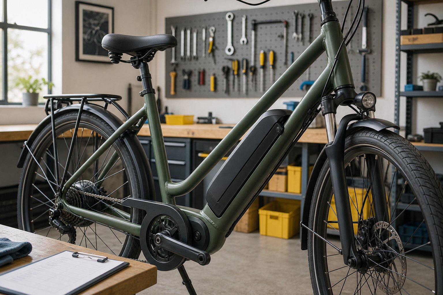 Mosgroene tweedehands elektrische fiets in een lichte werkplaats met gereedschap en controlelijst