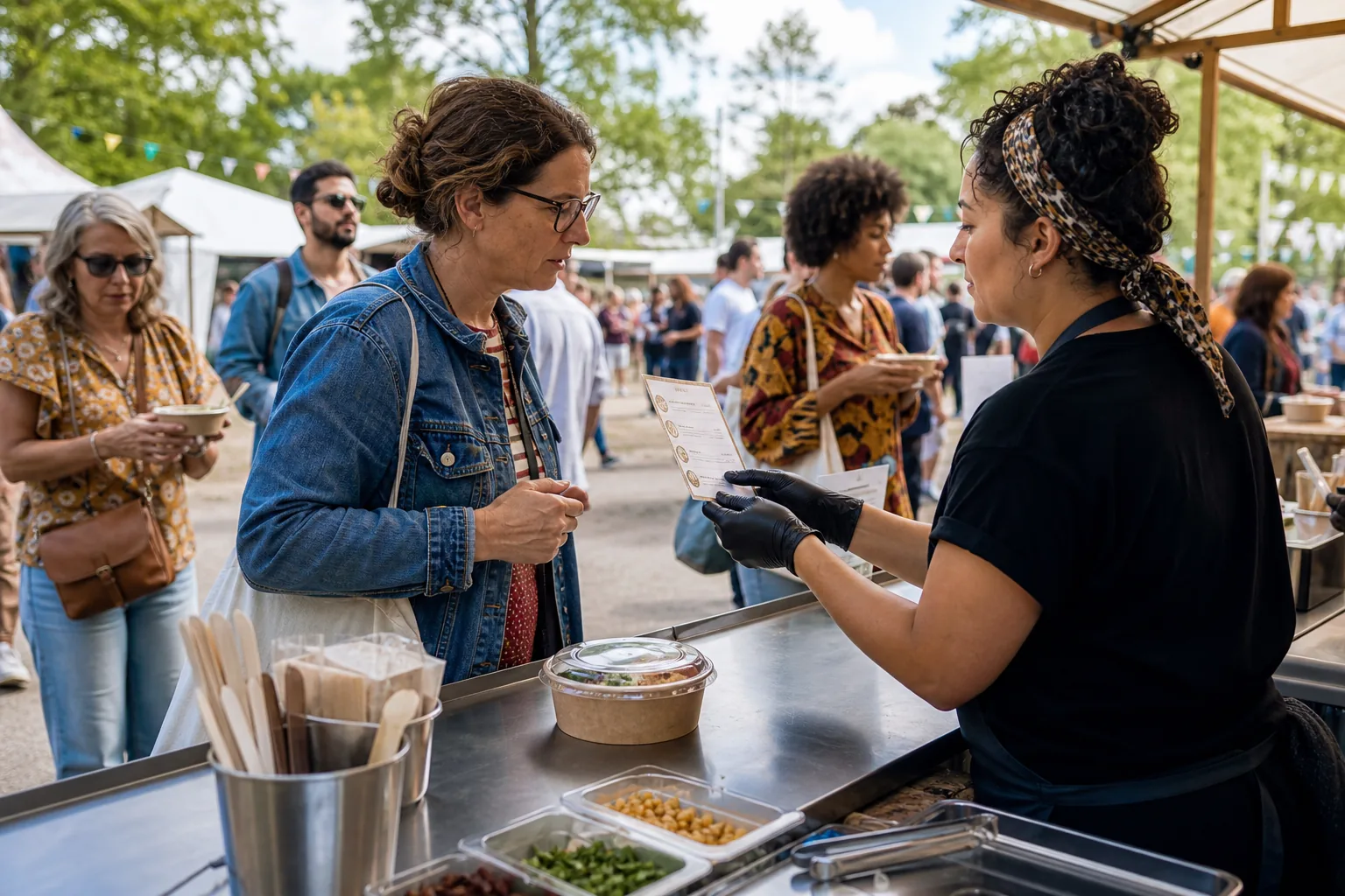 Bezoeker bespreekt allergeneninformatie met een medewerker bij een foodtruck op een evenement